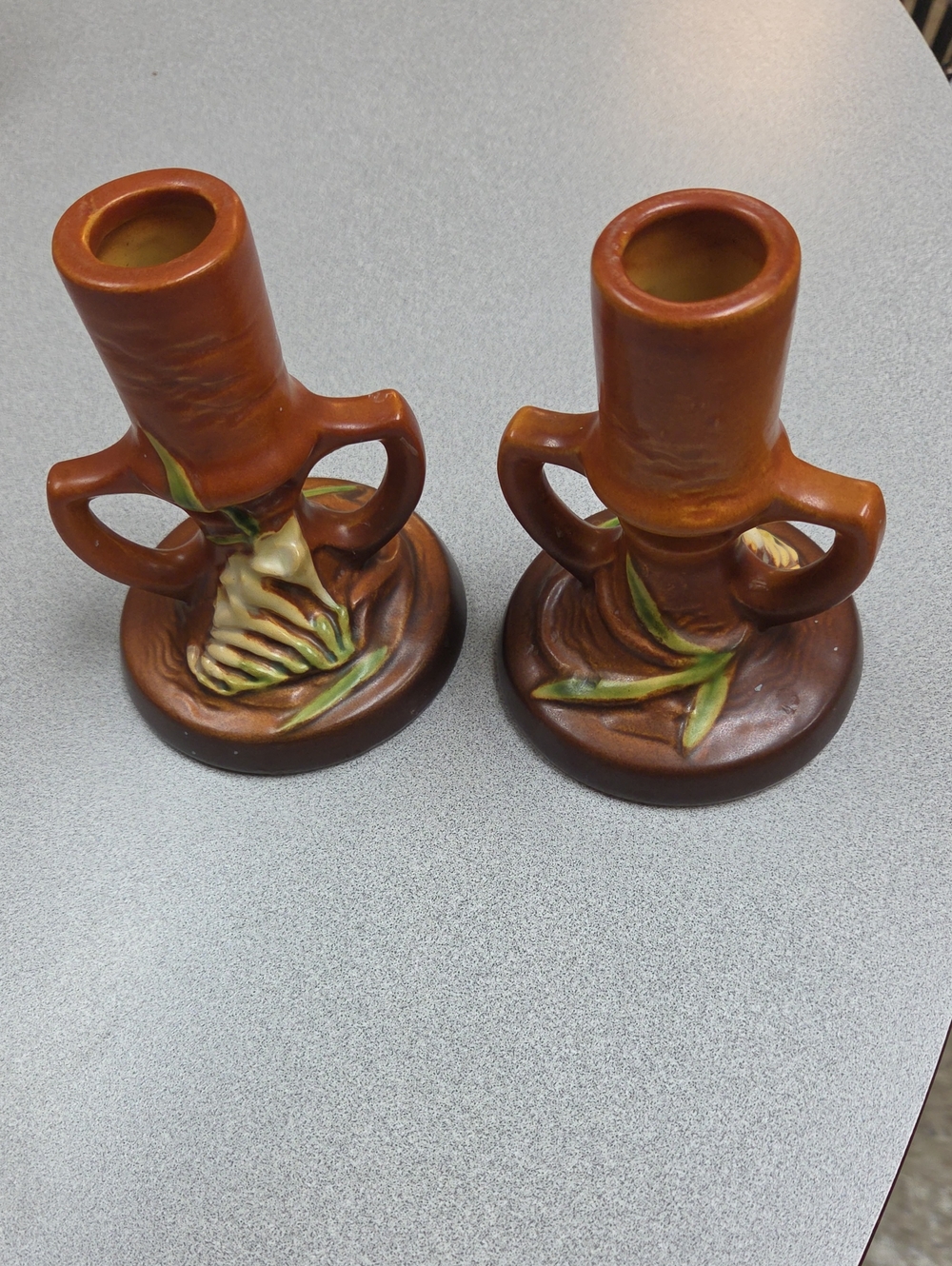 Vintage Brown ROSEVILLE POTTERY Double Handle Candlestick Pair # 1161-4.5